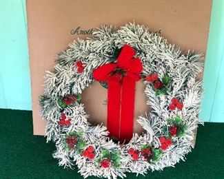 BIG! vintage frosted Christmas wreath with plastic flowers - stored in a box and in great shape - 24"?