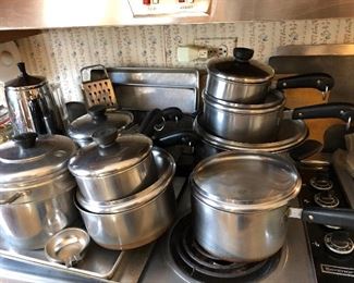 vintage Revere Ware pots and pans & coffee percolator