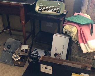 typewriter table green typewriter, sewing cabinet, hp laptop, etc.