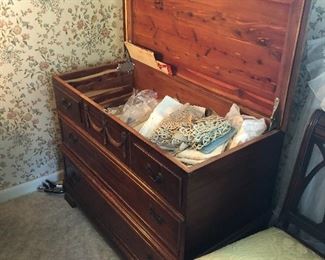 vintage Roos cedar bride's chest / blanket chest filled with vintage lace, linens, fabric...... there are 2 more filled chests in this house, too ... if you want vintage lace, fabric, etc. this is your sale!