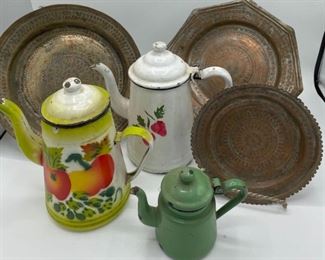 Antique Enamel Teapots and Metal Plates