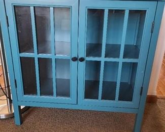 Teal storage Cabinet with glass doors 31 X 14 X 32
