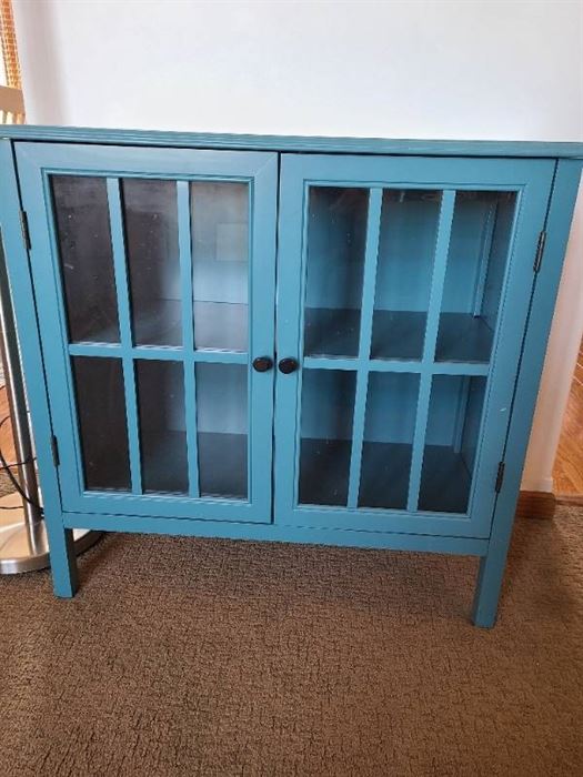 Teal storage Cabinet with glass doors 31 X 14 X 32