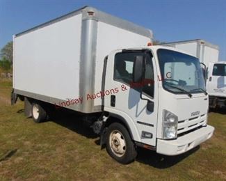 Nov 2012 Izuzu NPR HD V8 gas box truck,GVW 14,500lbs, heat & air, AMFM/CD, auto trans, pwr locks/windows, 3 seats, 16' box bed- Roll rear door- fold under hyd lift - tie downs & shelves, showing ? miles, Vin # 54DC4W1B7DS800708 (REAR END OUT, NOT WORKING) ... STARTS/ RUNS