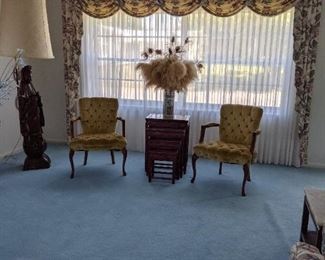 French Provincial Tufted Chairs $100.00 ea, Stackable Rosewood Tables $400 .  Kwan Yin Statue Rosewood / Teak wood Lamp Root Carving $1250.00 