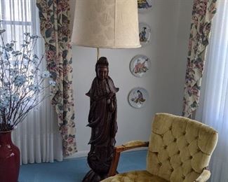 4ft (plus) Hardwood ( Rosewood/Teak) Kwan Yin Statue standing on Lotus Flower.  Floor Lamp is made from the root craving.  This was bought during the mid 1960's to mid 1970's.  The owner lived in Hong Kong from the late 1950's to mid 1970's.  This piece is very elegant and holds great peace. 