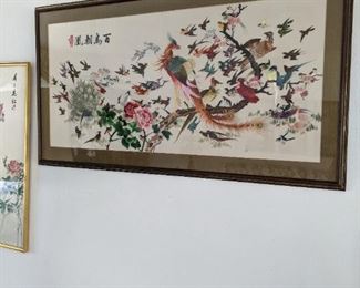 Silk Embroidery Art.  100 Birds,  in colorful design, The crane or Phoenix with water and back ground.  This is a elegant piece.  $ 385