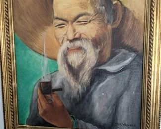 Signed Painting by Tos Kzyier or Jos Kzyier   Chinese Man Smoking Pipe.  $285