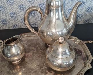 Sterling Silver Tea Set with Loin Hallmark on tray , Made in England for Lane Crawford Hong Kong.  $1500.00 for the complete set .925 