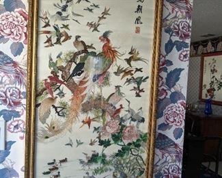 Silk Embroidery Art.  100 Birds,  in colorful design, The crane or Phoenix with water and back ground.  This is a elegant piece.  $ 250  