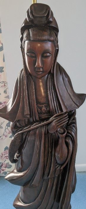 4ft (plus) Hardwood ( Rosewood/Teak) Kwan Yin Statue standing on Lotus Flower.  Floor Lamp is made from the root craving.  This was bought during the mid 1960's to mid 1970's.  The owner lived in Hong Kong from the late 1950's to mid 1970's.  This piece is very elegant and holds great peace. $3000