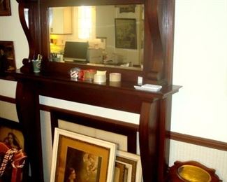 Vintage 1930's Empire style mahogany mantel, books, old pictures & etc.