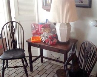 Pair vintage Windsor chairs & antique work table.