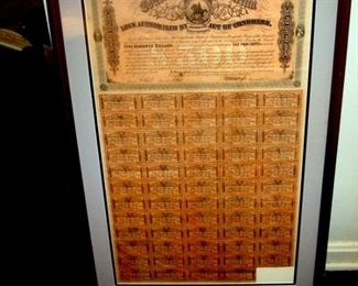 Rare  framed original 1863 Confederate States of America five hundred dollar bond with all coupons except one.