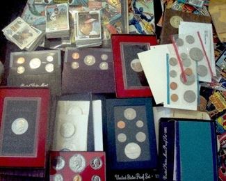Coins and baseball cards. Silver proof sets, mint sets, silver dollars & etc.
