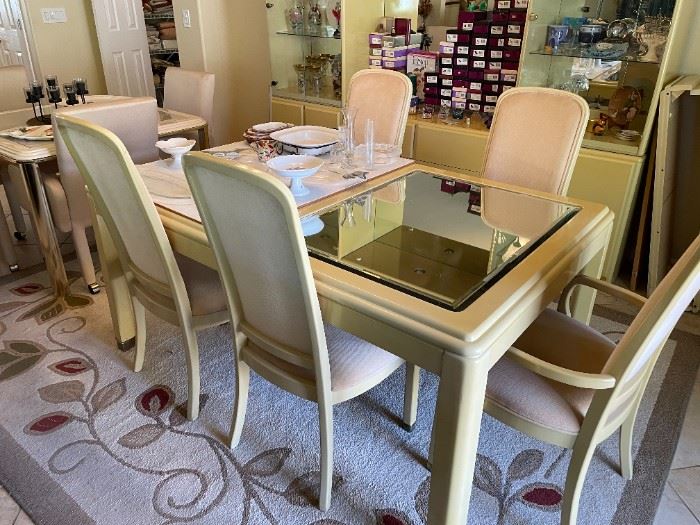 Beveled Mirror Top Dining set with 2 leaves and 6 chairs
