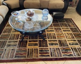 Mirrored coffee table, modern area rug