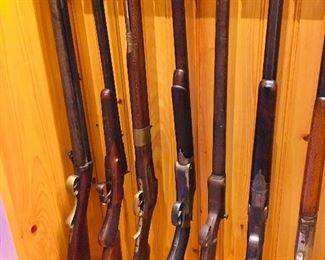 Antique rifles include--- F R Bucklin,; Iver Johnson;, a Stiegele Munchen, German Parolor Gun, ;Werner Black Powder, ;Stevens 12 gauge Tip Up, ;"Lift Breech" Belgian Flobert,;  Spanish black powder,; Wm Lawrence 12 gauge, 