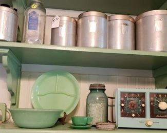 Metal canister set, Jadeite, Blue Jar, Milk bottle