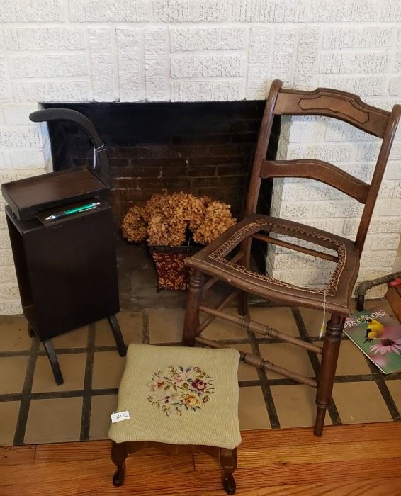 Vintage chair, dried hydrangeas, stool, side table