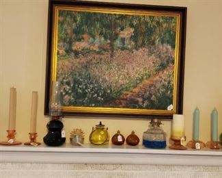 Monet reproduction, oil lamps, pink depression candlesticks