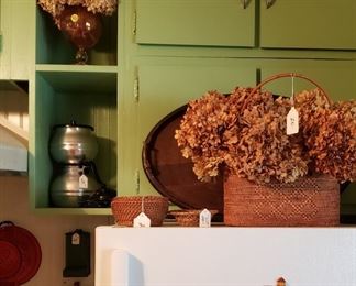 Vintage kitchen items, mill glass glass, metal match holder, tray, basket