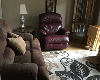 La-Z-Boy® Reclining Chair, Gardener White® Suede-style Reclining Sofa, Bevel Glass Corner Oak Curio, Stylist Area Rug 