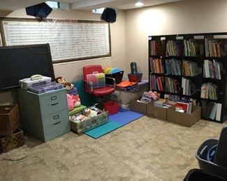 Two Room Full Of Educational Materials And Supplies, Vintage Chalk Board, White Board, File Cabinet, Foam Flooring, Storage Bins Large And Small, Vintage Crates, Squishmallow® Stuffed Plush Toy, Educational Teacher And Children Learning Books And Activity Books