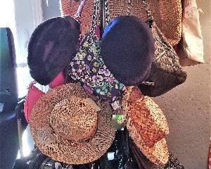 Hat and purses and shoes.