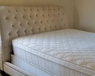 Light beige tufted queen bed and queen mattress for sale. 