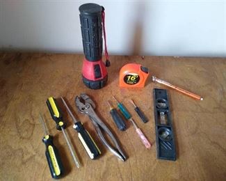Screwdrivers, flashlight, level, pliers & tape measure