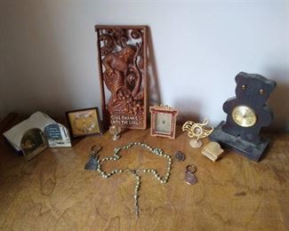 Small clocks, religious art & key chains, picture frame & thermometer w/ humidity