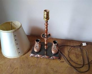Metal table lamp w/baby shoes