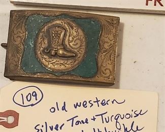 Old western cowboy boot belt buckle turqoise alpaca silver mexico