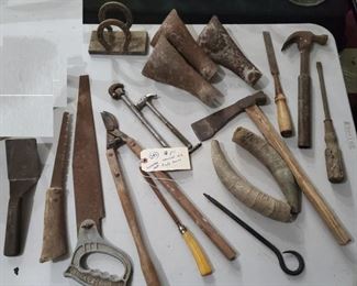 Unusual tools old tomahawk horns loppers saws horseshoe desk letter holder etc
