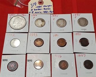 Morgan silver dollar and other old early coins, barber liberty indian head pennies etc