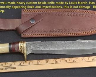 Huge bowie knife with damascus blade, brass & bone handle, leather sheath never used