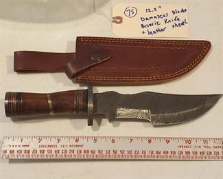 12+ inch damascus blade bowie knife with sheath never used