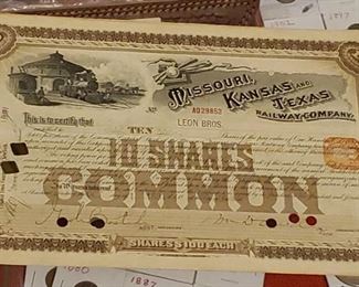 1889 MKT Missouri Kansas Texas railroad stock certificate, also one from 1891 in this auction