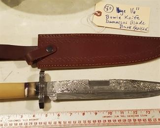 Huge bone handle damascus blade bowie knife with leather sheath, never used. 