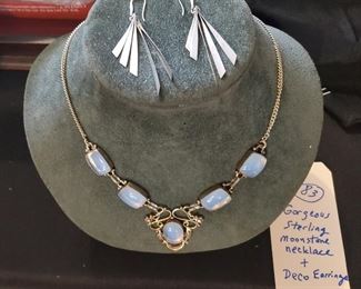 Beautiful sterling silver moonstone necklace and sterling silver art deco era ear rings. 