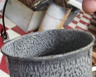 rare antique gray graniteware berry picking pail / berry bucket.  Several of these in this auction, hard to find and it is dewberry picking time in Texas. 