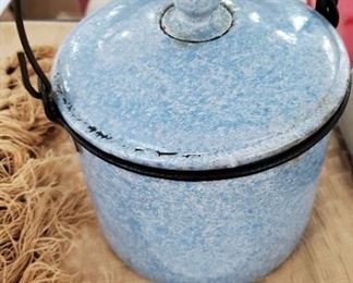 antique powder blue speckled graniteware berry pail / berry bucket.  time to pick dewberries in Texas. hard to find. 