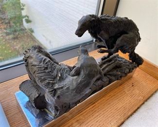 BRONZE SCULPTURE, DOG FIGHTING WOLF