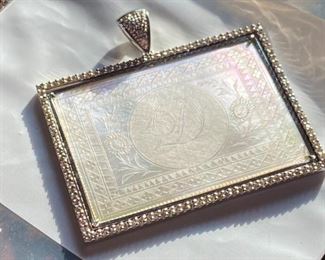 ANTIQUE HAND CARVED MAH JONGG TILE SET IN 14K WHITE GOLD & DIAMOND PENDANT