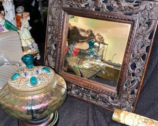 ANTIQUE CARVED CHINESE MIRROR WITH DRAGON MOTIF; ART GLASS URN WITH BRASS & GLASS ART NOUVEAU TOP