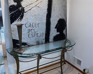 LARGE ORIGINAL OIL PAINITNG ON PLYWOOD; METAL & GLASS CONSOLE