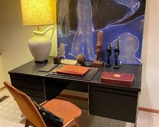 CHROME & BLACK OAK VENEER DESK; LARGE OIL PAINTING, LARGE URN LAMP AND MIDCENTURY DESK CHAIR