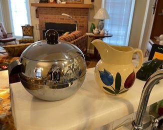 Mid century West Bend chrome penguin hot/cold bucket; Watt #16 tulip pitcher