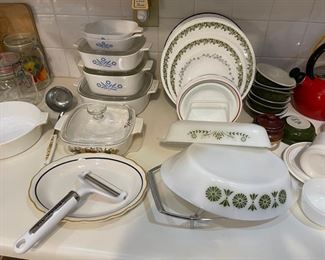 "Cornflower" casserole dishes; Corelle, Pyrex